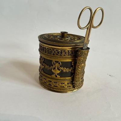 Lot 815 Antique Victorian Brass String Box with Scissors