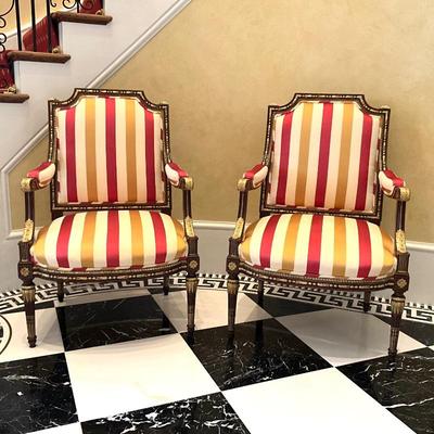 LOT 707 Pair of French Louis XVI Style Arn Chairs w/Gold Gilt Accents