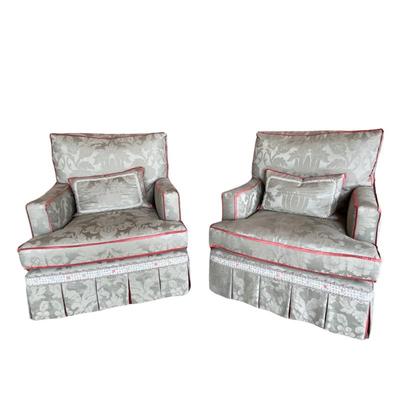 LOT 931 Pair of Custom Grey Damask Upholstered Swival Arm Chairs. Click here to bid -...