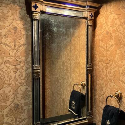 LOT 969 Vintage Empire Federal Style Gilt Wall Mirror w/Beveled Glass Cobalt Blue Trim. Click here to bid...