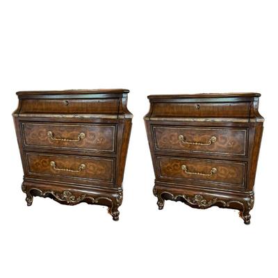 LOT 926 Pair of Marge Carson Inlay Marble Top Nightstands. Click here to bid -...