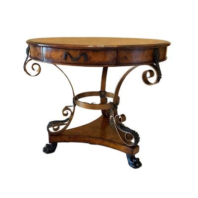LOT 702 Theodore Alexander Caryatid Iron & Inlaid Walnut Burl Round Drum Center Table