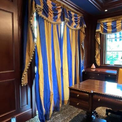 Lot 967 Pair of Custom Made Blue and Gold Panels with Valance 