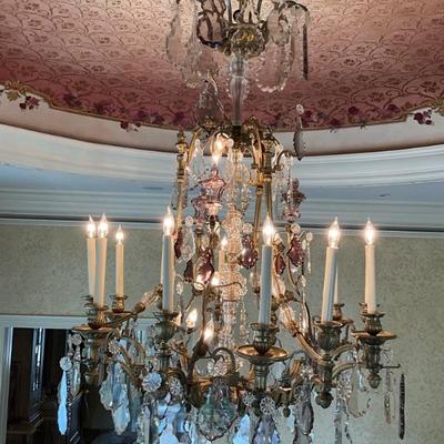 LOT 986 Large Vintage French Pendeloque Style 12 Arm Crystal Chandelier. Click here to bid -...