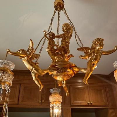 983 Vintage French Putti Gilt Brass Crystal Chandelier
