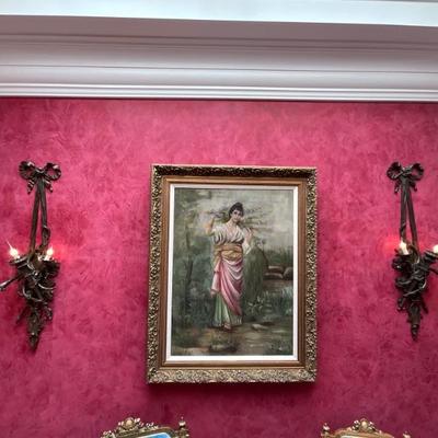 LOT 907 Vintage Lady Painting on Linen in Gold Gilt Frame