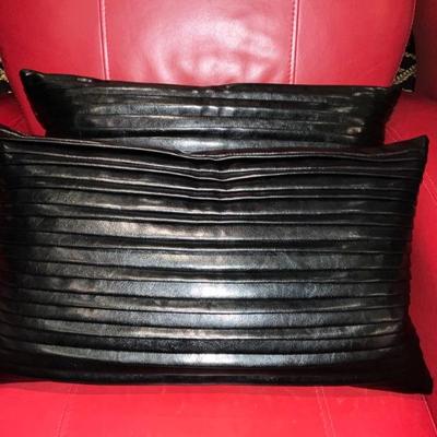 823 Pair of Black Leather Pleated Down Pillows by Barclay Butera 