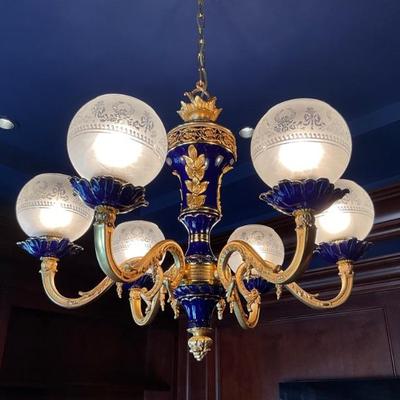 Lot 965 French Empire Style Gilt Brass Cobalt Blue Porcelain Chandelier
