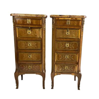 LOT 700 Pair of Antique French Louis XIV Inlay Marble Top Chiffoniers