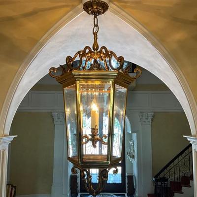 LOTS 990, 991 & 992 Large Brass & Glass Pendant Lantern 6 Lamp Chandelier. Click here to bid...