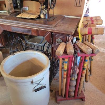 Sewing Machine #5 and a large crock
