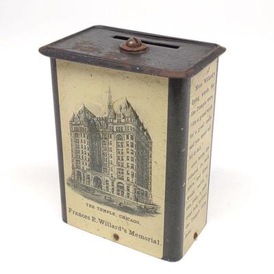 Antique Tin Woman's Temple Still Coin Bank