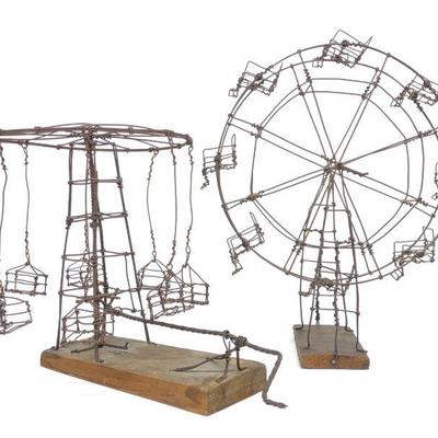 2 Kinetic Folk Art Wire Carnival Ride Sculptures