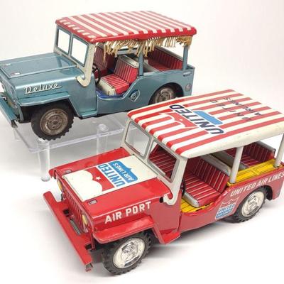 2 Vintage Japan Tin Litho Friction Toy Jeeps