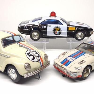 3 Vintage Tin Battery Op Bump 'N Go Toy Cars