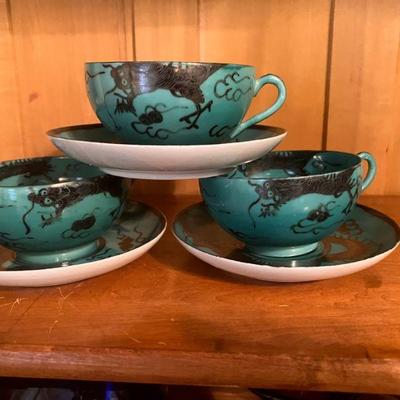 Handpainted Japanese "Dragon" teacups and saucers