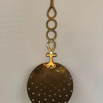 Vintage Long Hand Forged Heavy Brass Open Chestnut Roaster an Sieve