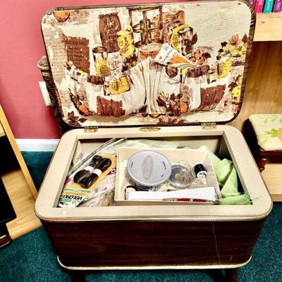 Vintage Redmon Sewing Chest with sewing notions and Vintage Simplicity and other patterns