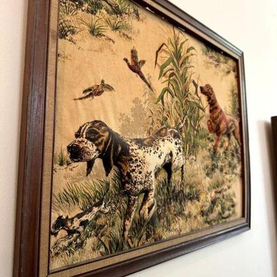 1950's 25 x 20 Framed Trapunto Hunting Dogs 3 D Quilted Ebossed Relief Mid Century