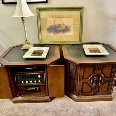 Vintage 70's Magnavox End Table 2 Door Octagonal Shaped Stereo  Cabinet/ Side Tables Pair
