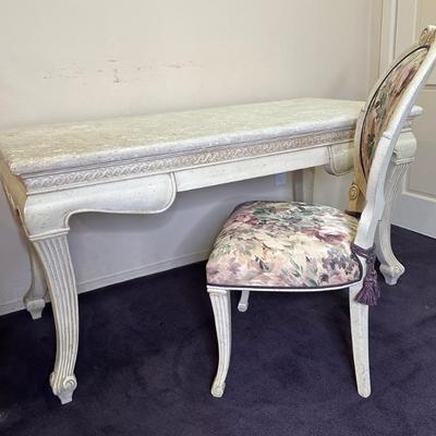 Italian Tuscan Style White Desk With Stone Top And Chair
