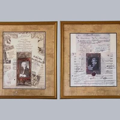 Framed Art Prints Of Bach And Beethoven With Sheet Music (2)
