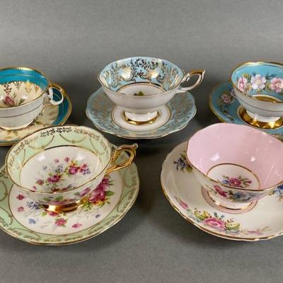 Five Vintage Teacups With Saucers-Aynsley, Royal Stafford, Royal Standard, Paragon, Regency
