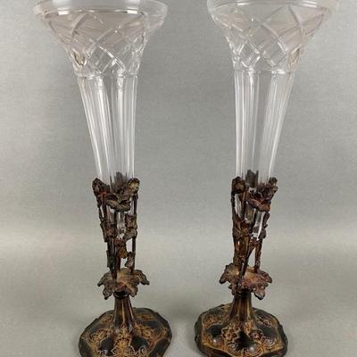 Pair Of Crystal Vases With Bronze Bases, Made In Hungary
