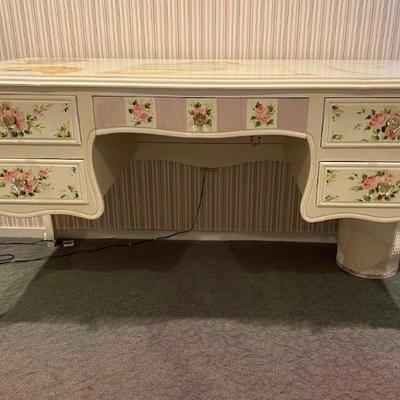 Custom Made White Desk Hand Painted With Floral And Artist Themed Decoration
