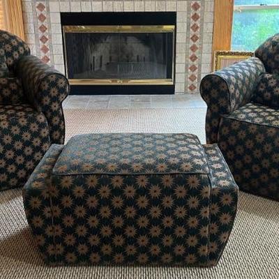 Pair Of Upholstered Arm Chairs On Swivel Base With Matching Ottoman
