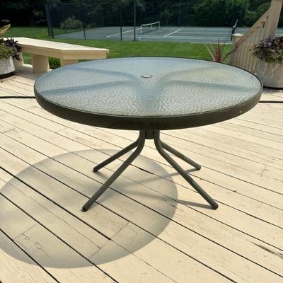 Brown Jordan Round Glass Top Dining Table With Tubular Metal Base
