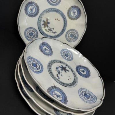 Blue & White Ceramic Plates w/ Floral Geometric Design	