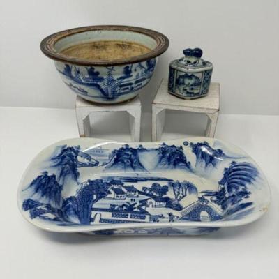 Blue & White Ceramic Basin, Bowl, & Incense Burner w/ Scenic Designs	