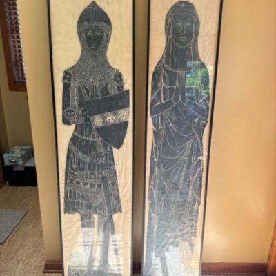 Pair of Oversized Framed Rubbing Prints: Medieval Knight & Lady in Effigy	
