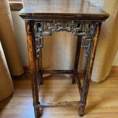 Distressed Elm Table Stand w/ Intricate Geometric Carving.	
