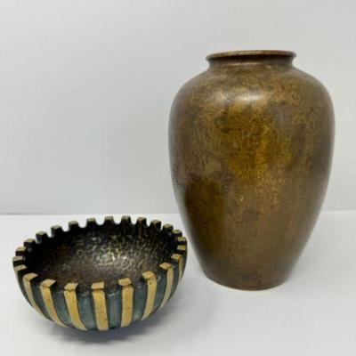 Vintage Israeli Brass Ashtray w/ Gold Patina + 7" Gold-Tone Vase	