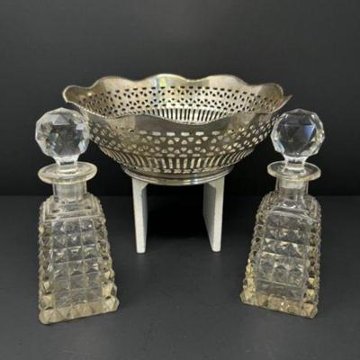 ﻿Silver-Plated Bread Fruit Basket & 2 Crystal Decanters	