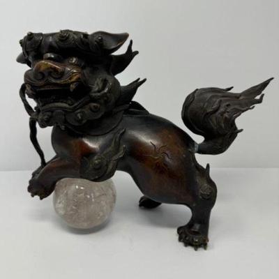 Large Antique Foo Dog Statue w/ Crystal Orb	