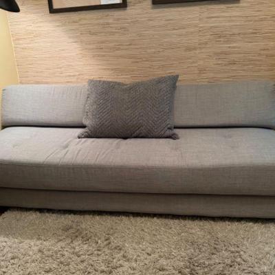 Gray Linen Futon Sofa w/ Throw Pillow - Soft Grey Cross-Hatch Fabric	