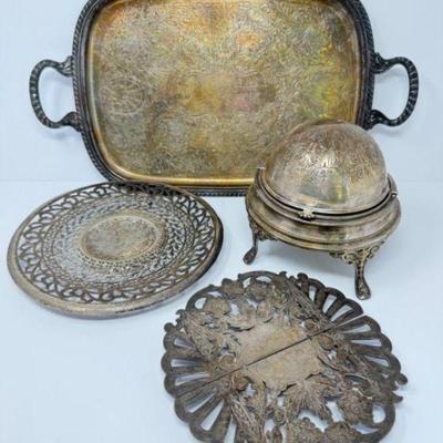 Silver Plated Quartet: Butler's Tray, Covered Butter Dish, and More!	