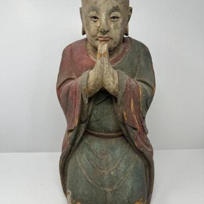 Old Chinese Carved Wood Kneeling Monk Sculpture	