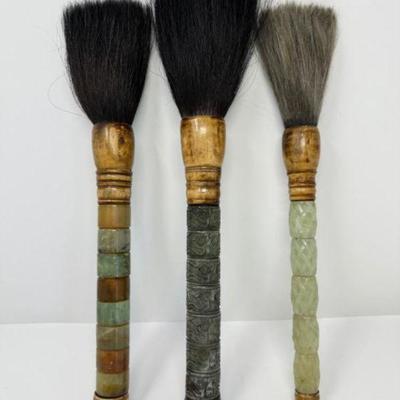 Large Horsehair Ceremonial Painting Brushes w/ Ornate Stone Handles	
