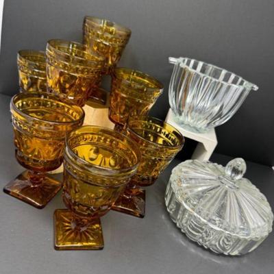 Amber Goblets & Vintage Ribbed Crystal Dishes	