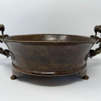 Meiji Period Footed Bronze Bowl w/ Foo Dog Handles	