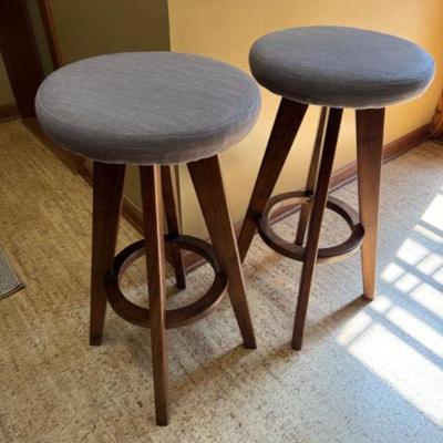 Pair of Article Bar Stools | Solid Walnut w/ Grey Upholstery - MCM Revival	