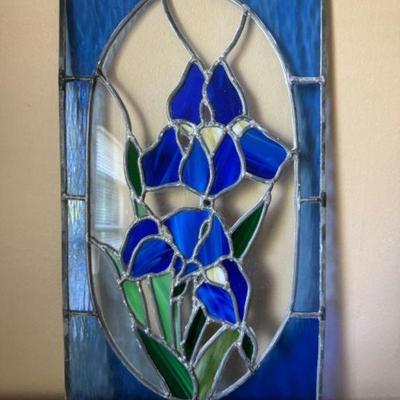 Stained Glass Iris Window Panel - Blue & Green	