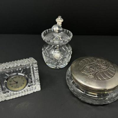 ﻿Waterford Crystal Trio: Crystal Jars, Small Quartz Clock & Rolex Spoon	