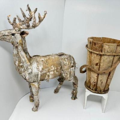 Rustic Birch Bark Reindeer & Barrel Centerpiece	