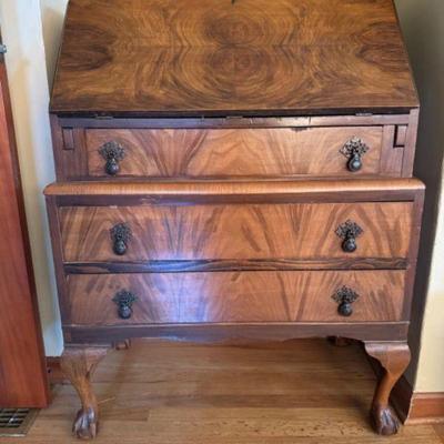 Queen Anne Style Secretary Desk w/ Burled Walnut Veneer & Original Hardware	