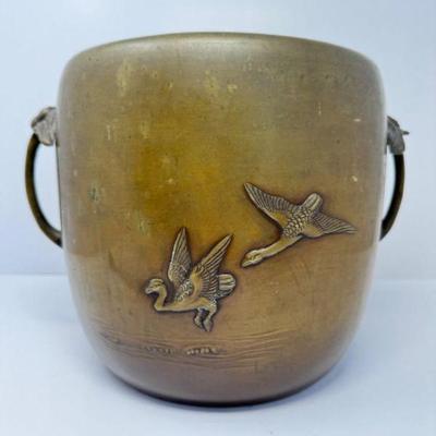 Antique Japanese Meiji Period Art Nouveau Bronze Vase w/ Bird Motif	